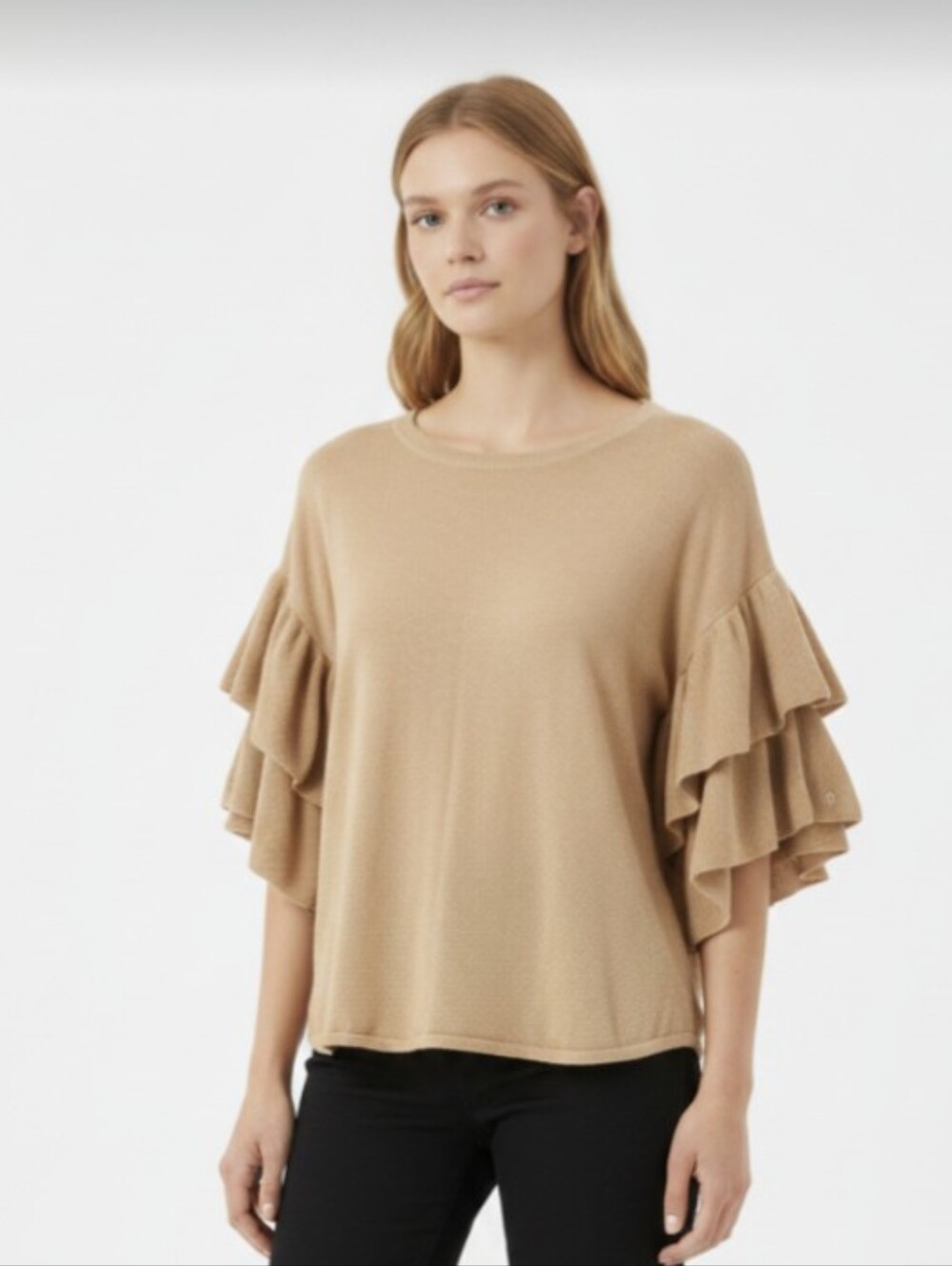 ROAMANS! ULTRA GLAM DOUBLE LAYER BELL SLEEVE GOLD METALLIC SWEATER! SZ 14/16